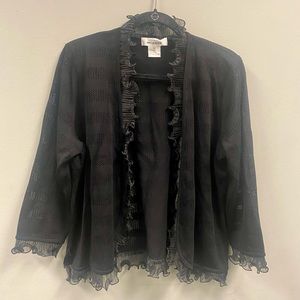Exclusively Misook Black Ruffle Acrylic Knit Open Front Jacket/Cardigan XL